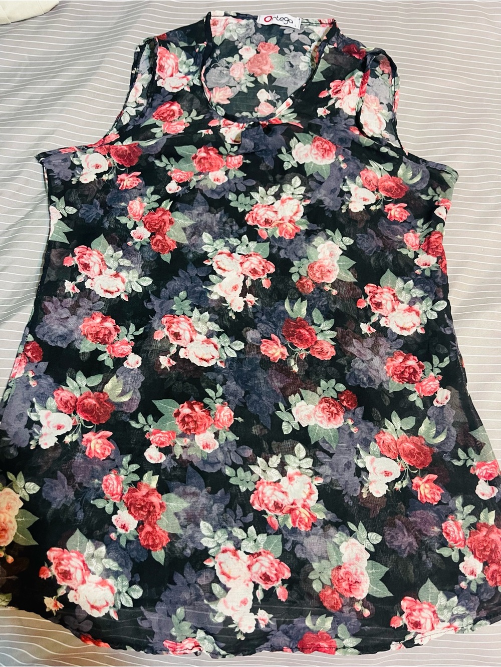 Sleeveless Floral Tank Top in Black with Pink Rose Print